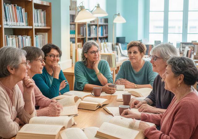 Gruppo di lettori riuniti attorno a un tavolo con libri aperti in una biblioteca luminosa di Susegana