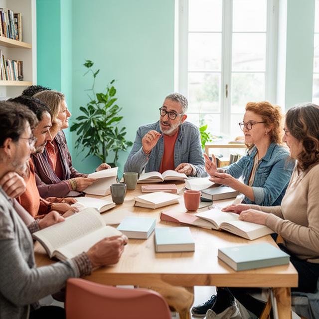 Gruppo di lettori riuniti attorno a un tavolo con libri aperti in una sala luminosa di Susegana