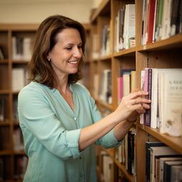 Primavisione Giomini mentre sceglie romanzi su uno scaffale della biblioteca
