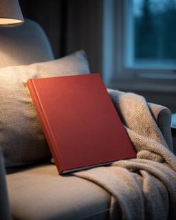 Raccolta di racconti con copertina rossa appoggiata su una poltrona da lettura