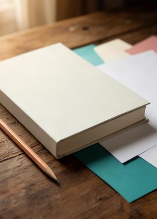Copertina del libro del mese appoggiata su un tavolo di legno accanto a una matita e a fogli di appunti