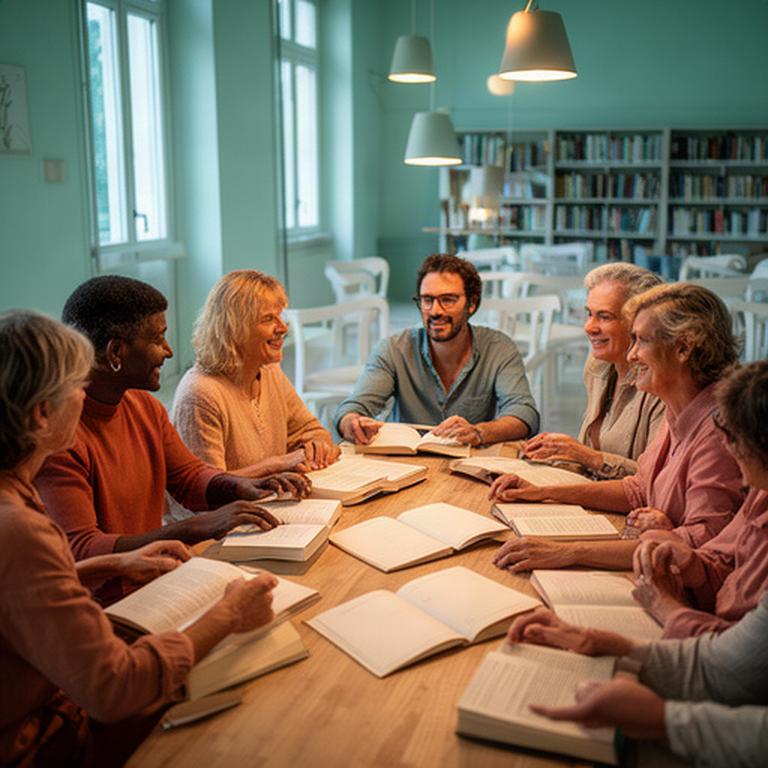 Gruppo di lettori riunito attorno a un tavolo con libri aperti in una sala luminosa di Susegana