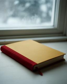 Libro con copertina ocra e segnalibro rosso vicino a una finestra