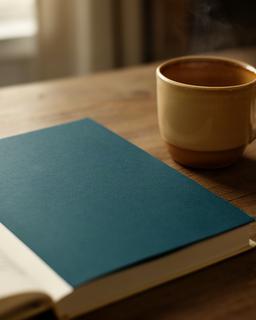 Romanzo con copertina blu accanto a una tazza su un tavolo del circolo