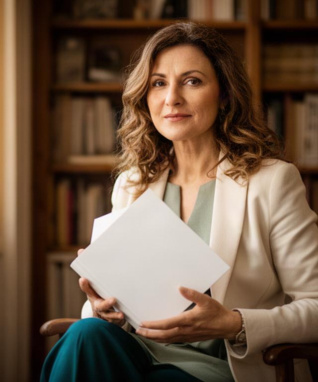 Autrice italiana seduta in una biblioteca con il suo ultimo romanzo tra le mani