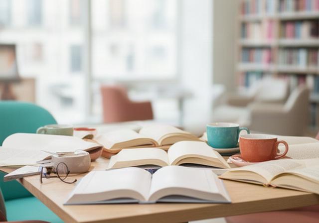 Tavolo di lettura con romanzi aperti, tazze e appunti in una sala luminosa di Susegana