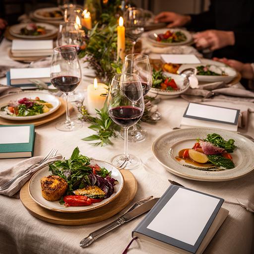 Cena letteraria con piatti apparecchiati e romanzi accanto ai bicchieri